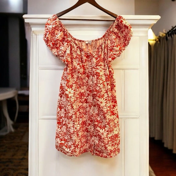 Madewell Margie Mini Dress Linen Dark Orange Floral Sz 12  Milkmaid Peasant - Picture 5 of 11